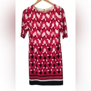 Eliza J Argyle Hearts red pnk geo prnt jrsy knt 3/4 slv knt lined shth drss SZ 4